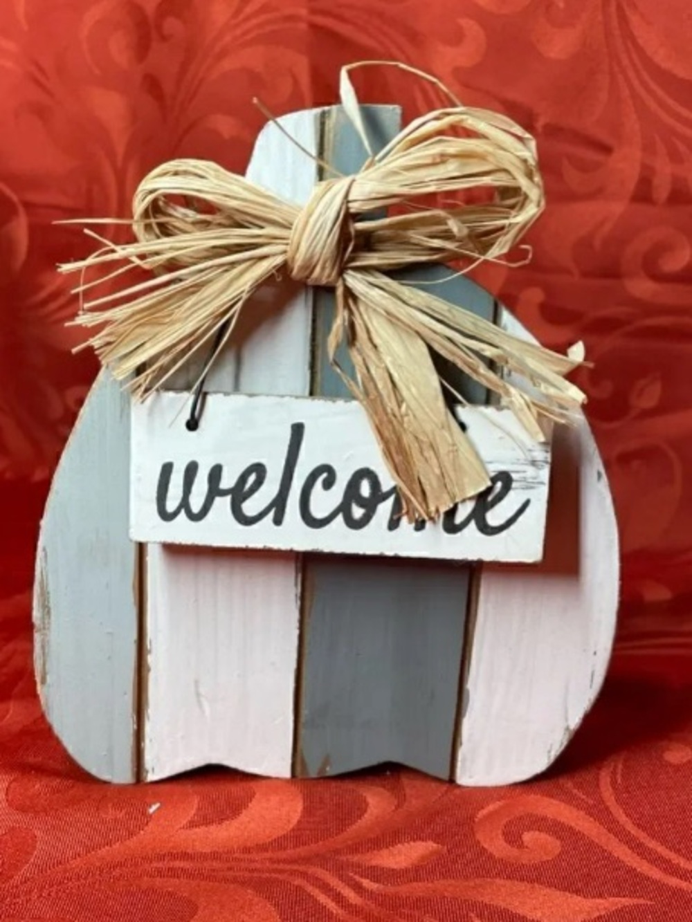 Welcome Pumpkin Wood Table Accent in White and Gray - Rustic Home Accents